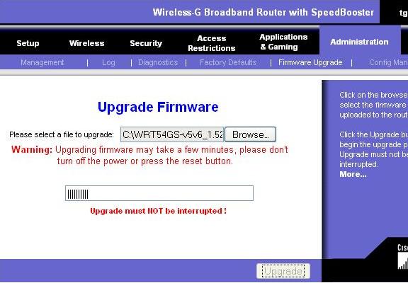 Fig: Firmware Upgrade for Linksys WRT54G Wireless-G Router