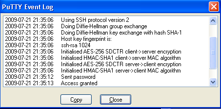Fig: PuTTY Event Log Display
