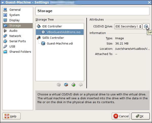 5) Now browse through the '/usr/share/virtualbox/' directory, and choose the 'VBoxGuestAdditions.iso' file as shown below