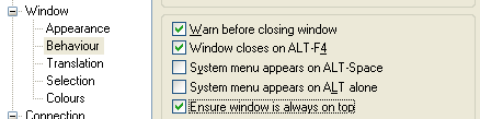 Fig: PuTTY Window Behavior - Always on Top