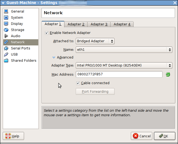 virtualbox network cable unplugged