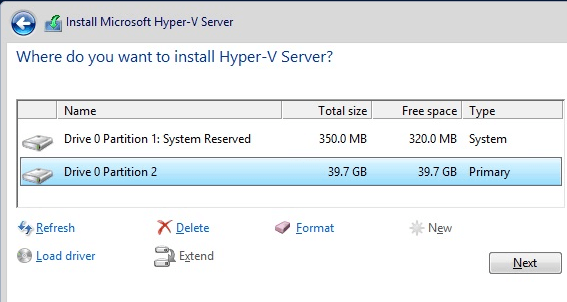 Hyper-V Install Select Disk