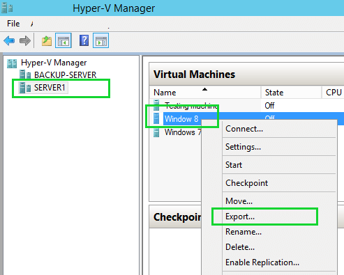 Export Hyper-V VM Menu