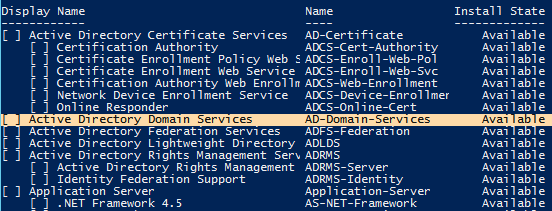 AD Get-WindowsFeature Command Output