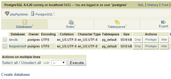 phpPgAdmin Databases
