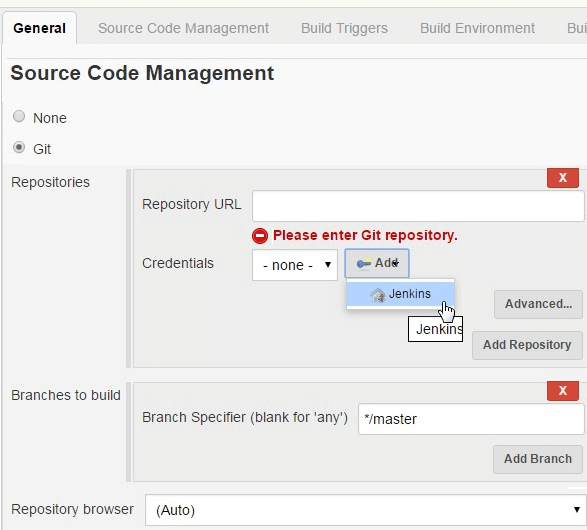 Jenkins Job Git Source Code Management Tab